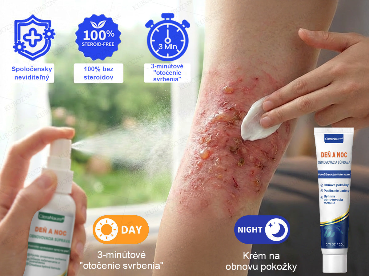 🥇CleraNaure® Ekzémový deň a noc regeneračný systém – 100% bezsteroidné duo na intenzívne svrbenie, začervenanie a porušenú pokožku (akcia)