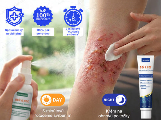 CleraNaure® Ekzémový deň a noc regeneračný systém – 100% bezsteroidné duo na intenzívne svrbenie, začervenanie a porušenú pokožku (akcia)
