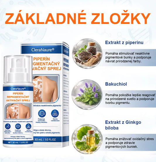 CleraNature® Piperine Repigment Aktivátor Sprej, ktorý aktivuje spiace pigmentové bunky a obnovuje prirodzenú farbu pleti.