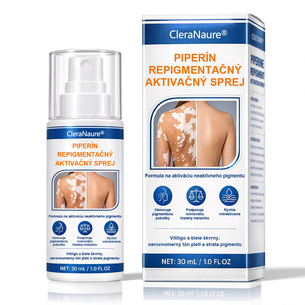 CleraNature® Piperine Repigment Aktivátor Sprej, ktorý aktivuje spiace pigmentové bunky a obnovuje prirodzenú farbu pleti.