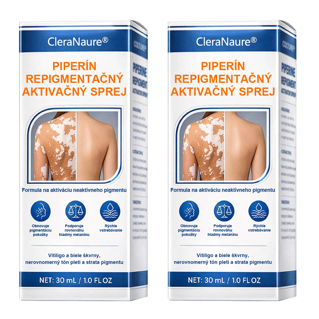 CleraNature® Piperine Repigment Aktivátor Sprej, ktorý aktivuje spiace pigmentové bunky a obnovuje prirodzenú farbu pleti.