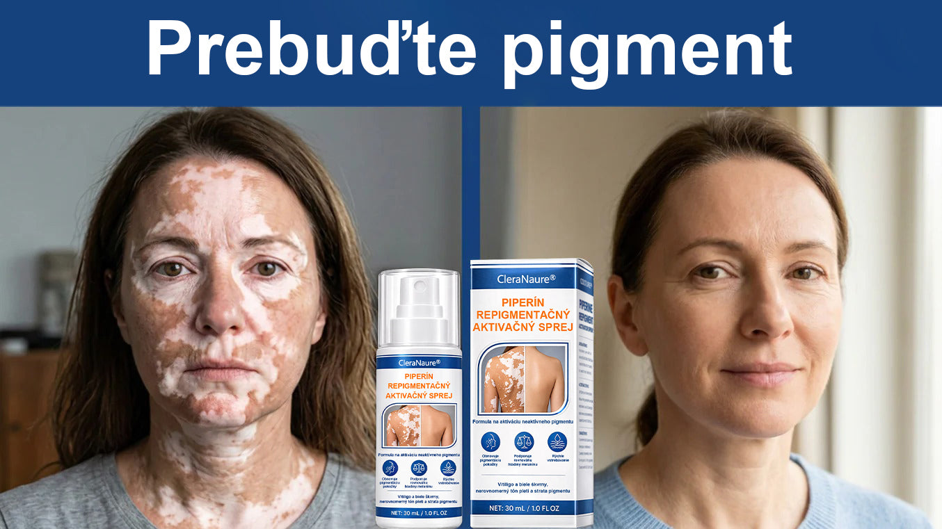 CleraNature® Piperine Repigment Aktivátor Sprej, ktorý aktivuje spiace pigmentové bunky a obnovuje prirodzenú farbu pleti.